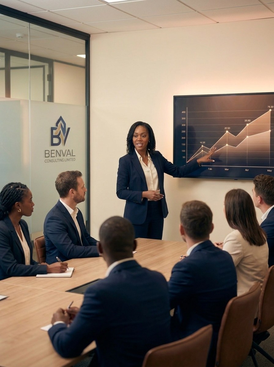 Benval consultant presenting commercial performance results in the Benval Consulting Limited office, with the Benval logo etched on the glass office door behind her