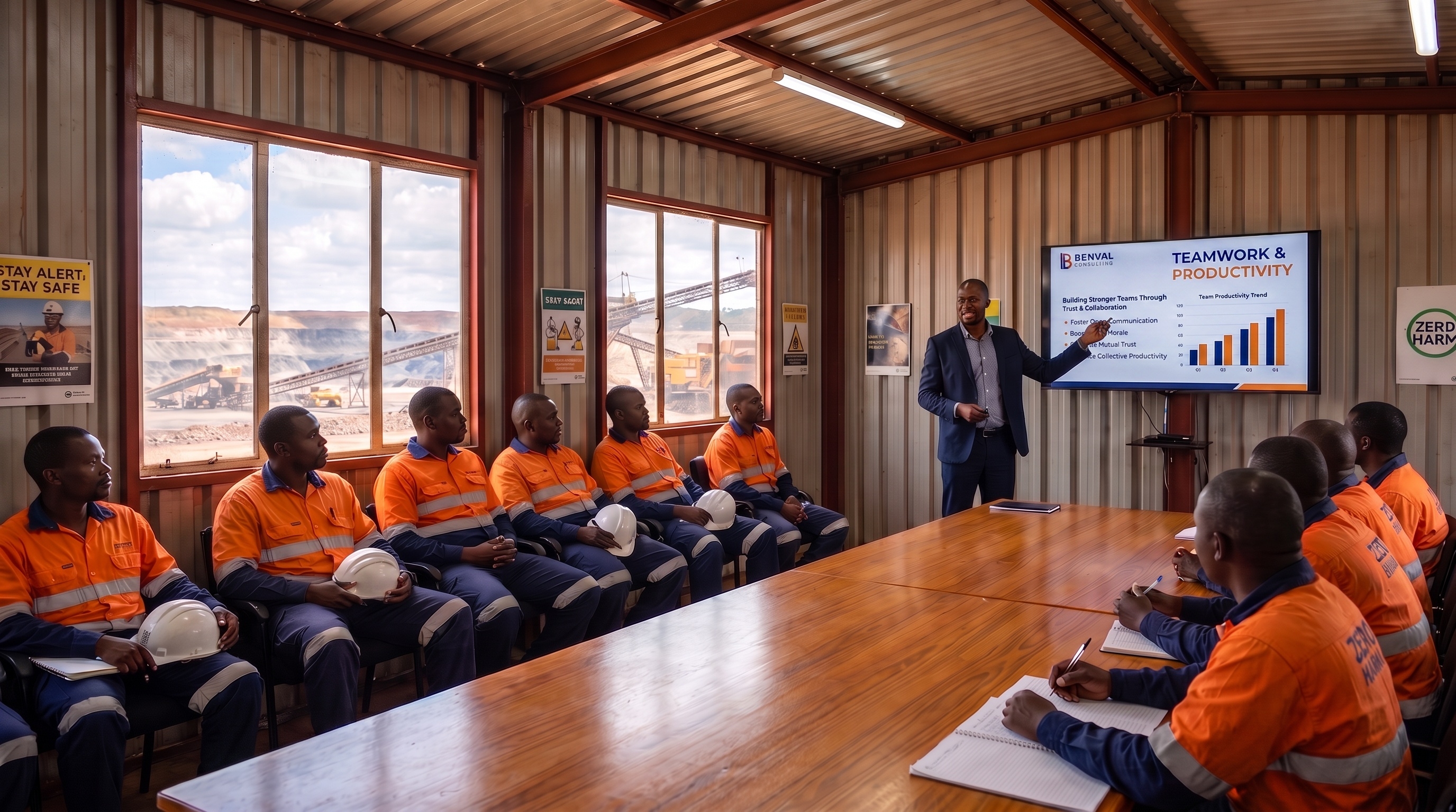 Benval consultant presenting teamwork and productivity trend data to miners in worksuits in a mine site conference room